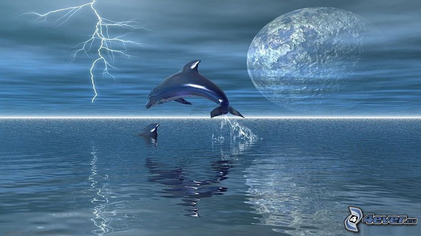 dolphins, jump, moon, lightning, sea
