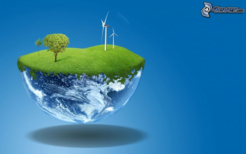 Earth, wind power plant, trees, grass