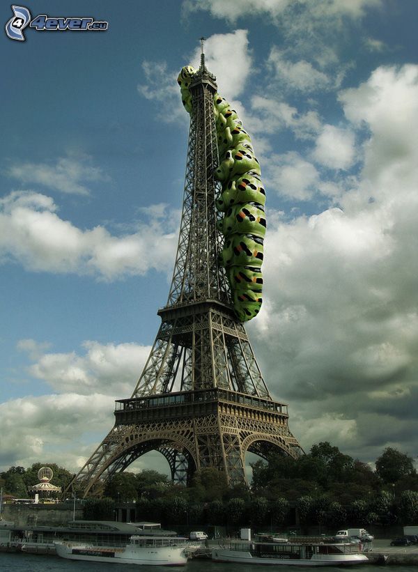 Eiffel Tower, green caterpillar, Paris, France