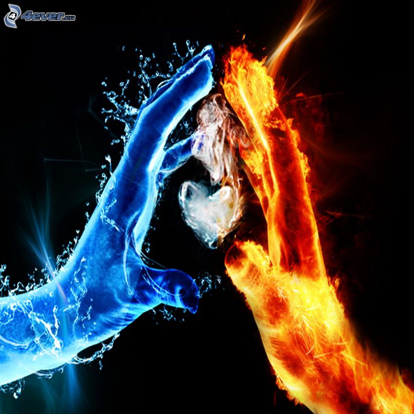 fire and water, hands, heart
