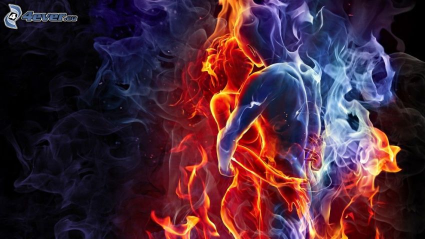 fire and water, man and woman, hug, kiss