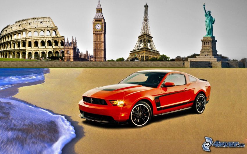 Ford Mustang Boss 302, Statue of Liberty, Eiffel Tower, Big Ben, Colosseum, sea