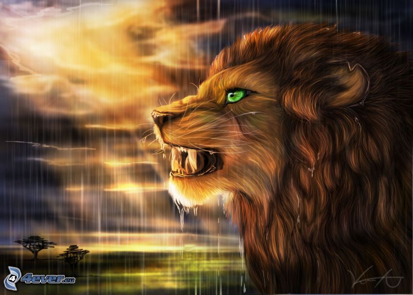 fractal lion, storm, sunbeams