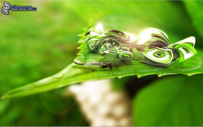 green leaf, insects, abstract shape