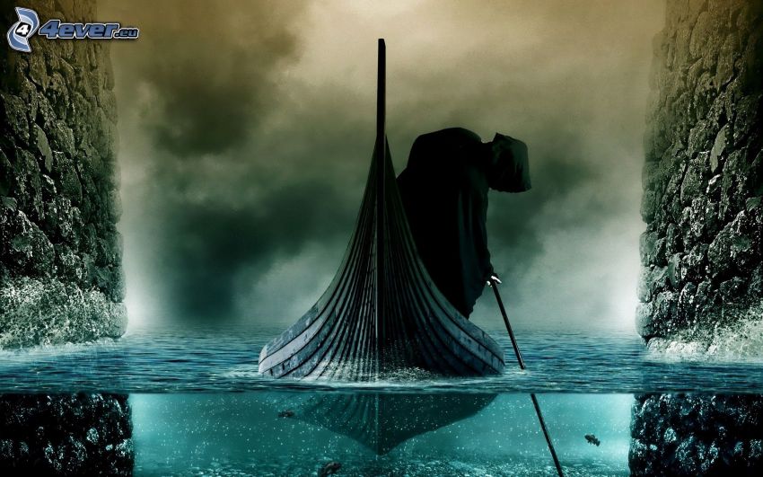 Grim Reaper, boat, water, smoke