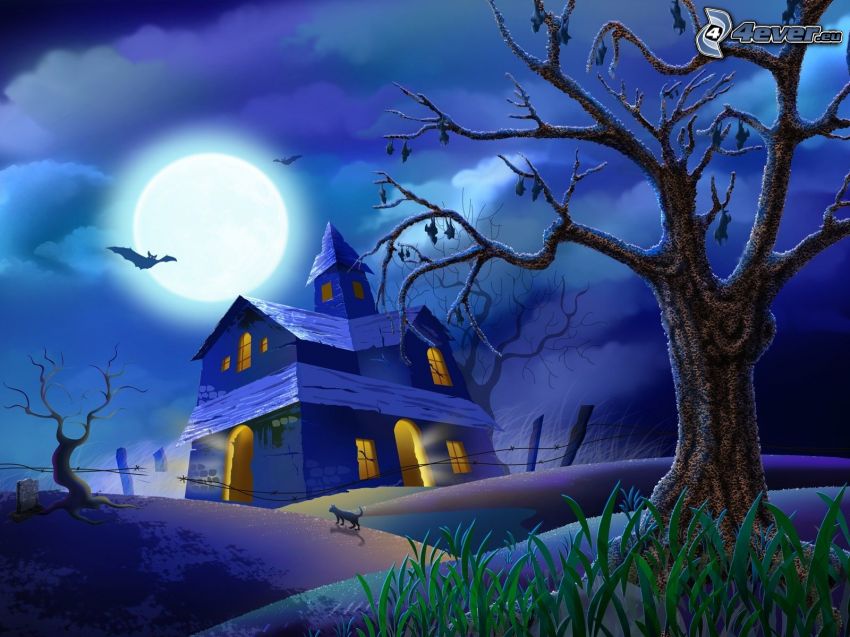 haunted house, moon