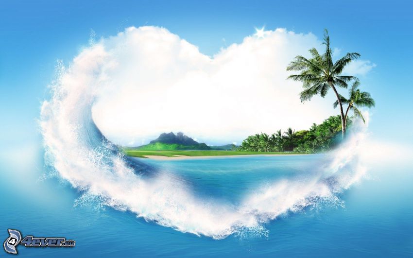 heart, sea, palm tree