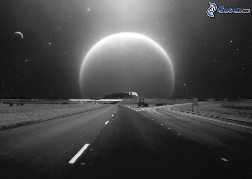 junction, road, planet, black and white