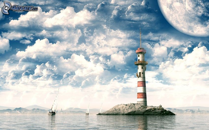 lighthouse on the island, clouds, sea