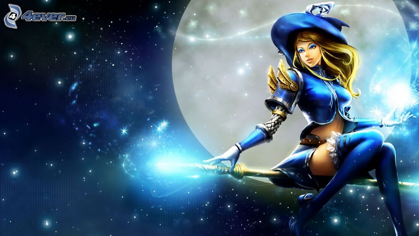 Lux, League of Legends, moon, stars, witch on broom