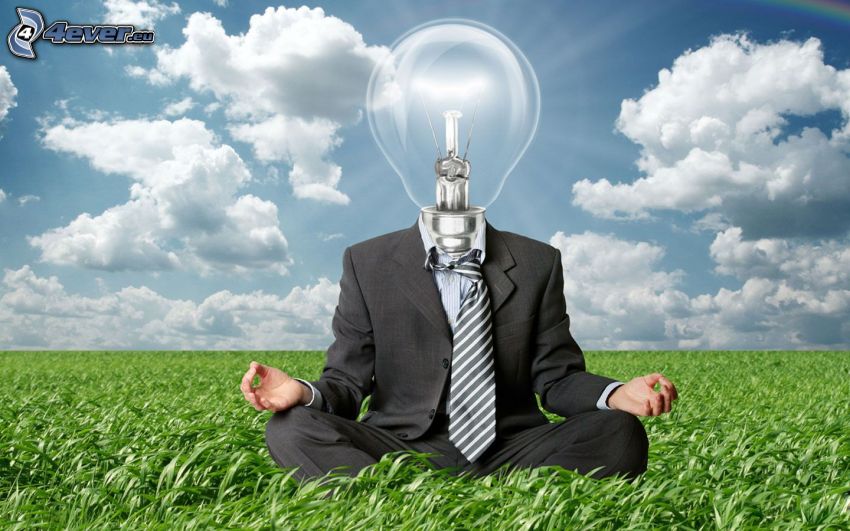 man, bulb, light, meditation, suit, tie, grass, clouds, sky