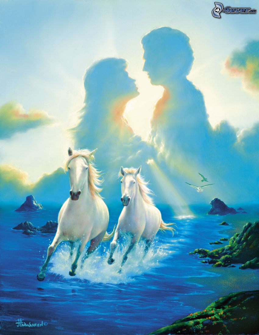 man and woman, horses, sea, coast