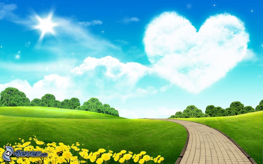 meadow, sidewalk, trees, yellow flowers, heart on the sky