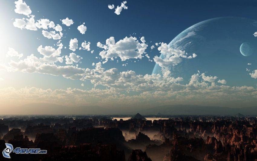 mountains, clouds, planet
