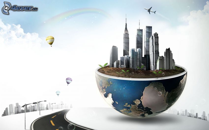 New York, skyscrapers, planet Earth, aircraft, balloons, rainbow, road