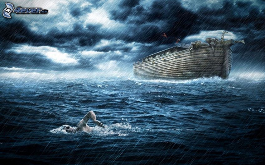 Noah's Ark, swimmer, rain, storm clouds, elephants, giraffes