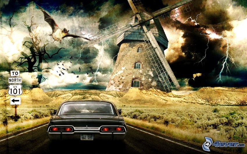 old car, windmill, lightning