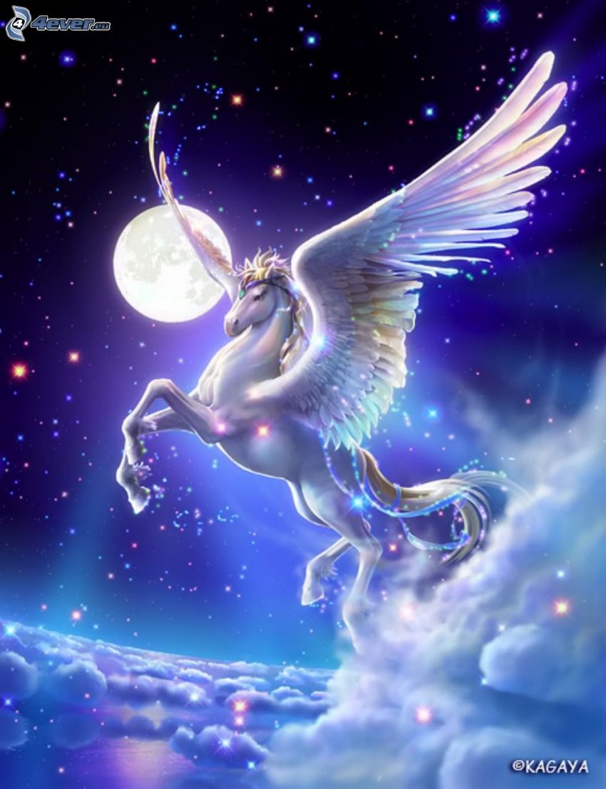 Pegasus, clouds, moon, stars