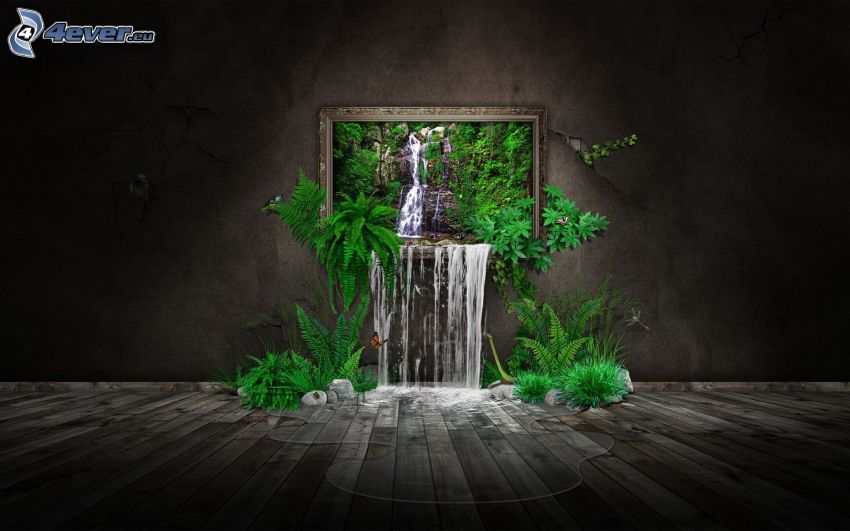 picture, waterfall, greenery