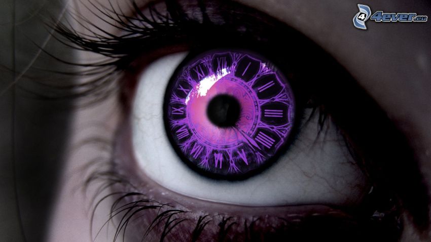 purple eye, clock