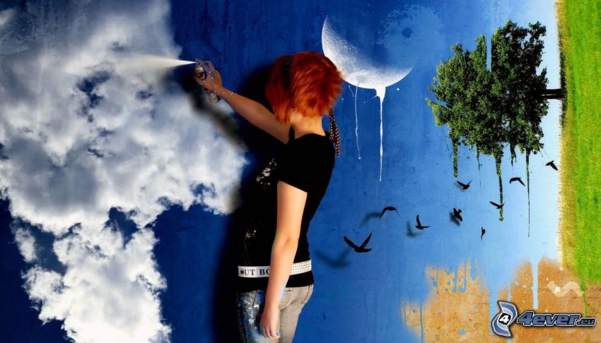 redhead, spray, picture, wall