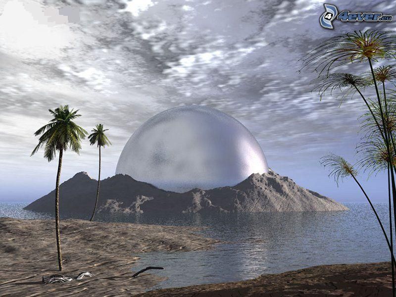 sci-fi landscape, Earth, sea, palm tree, sky