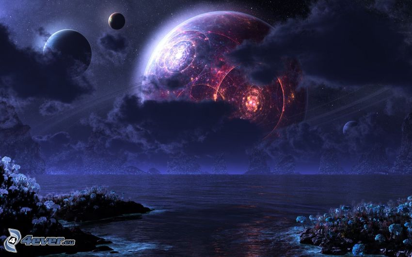 sci-fi landscape, planets, sea, clouds, night