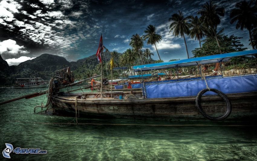 ship, sea, palm trees, HDR