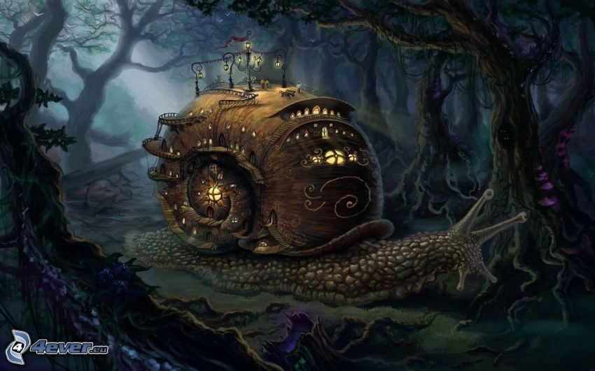 snail, cartoon house, dark forest, fantasy