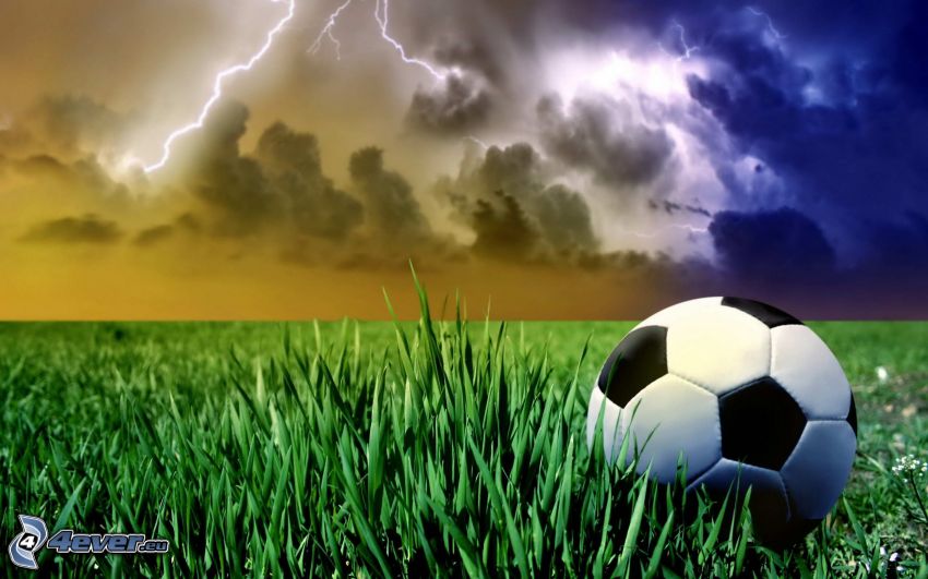 soccer ball, storm, lightning, grass