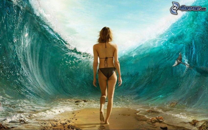 splitting the sea, woman in bikini, wave, sand, flipper