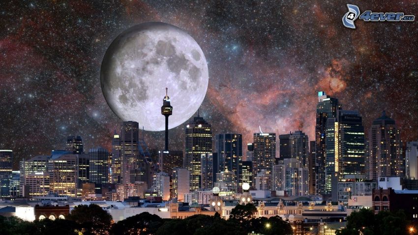 Sydney, night city, skyscrapers, moon, universe