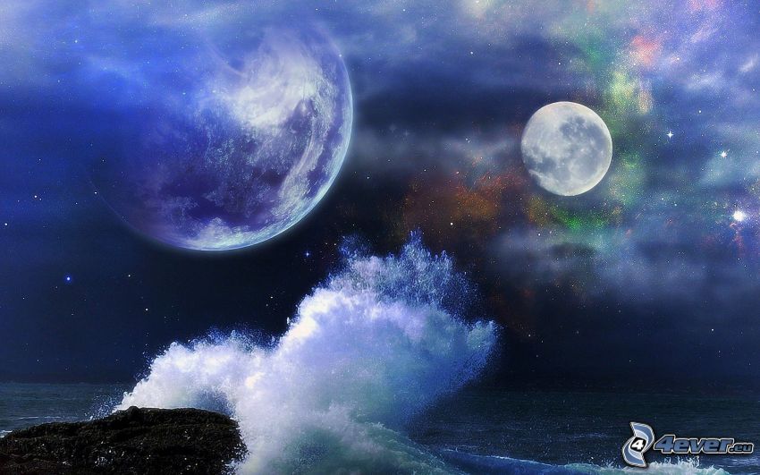 two moons, wave, sea