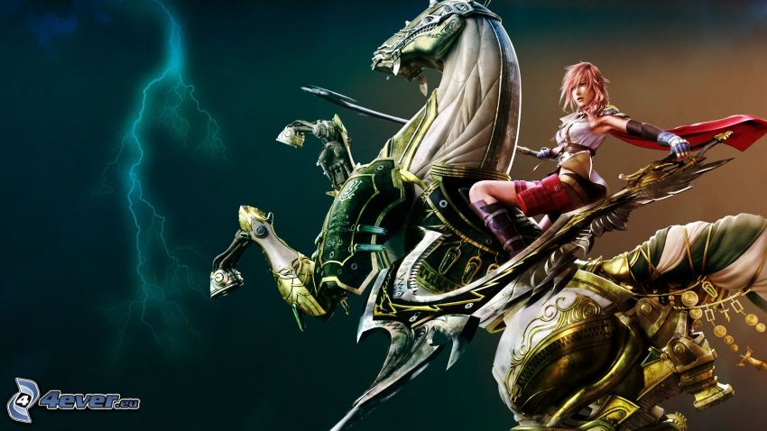 woman on horse, fighter, lightning