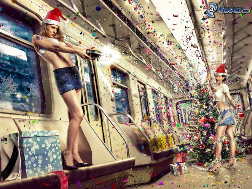 women, Santa Claus hat, subway, champagne, celebration