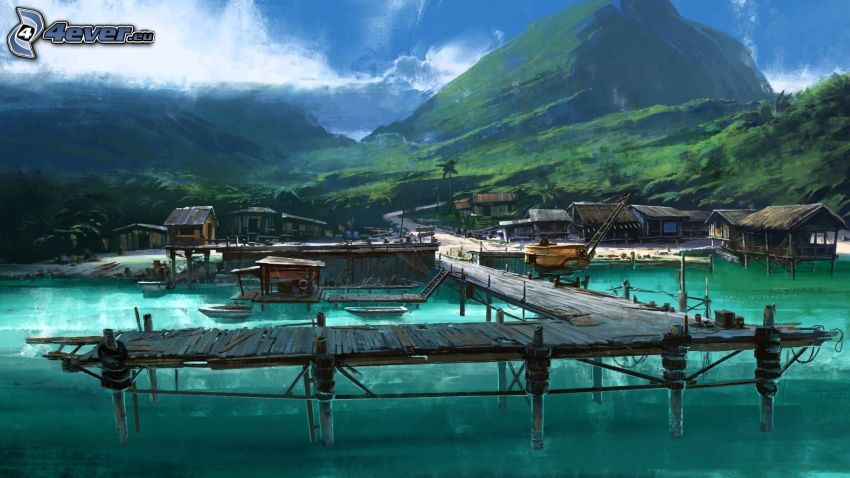 wooden pier, blue water, mountain
