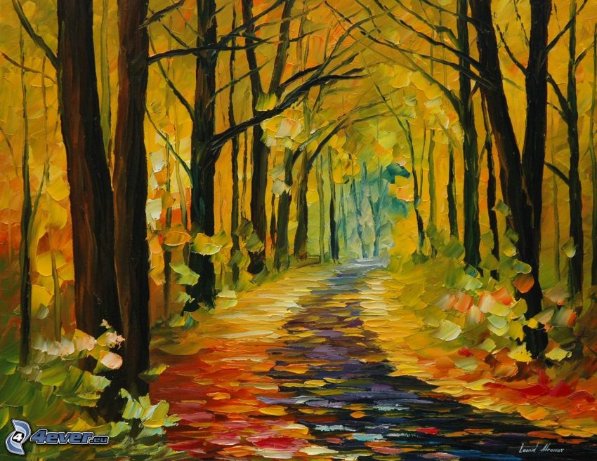 yellow autumn forest, colorful leaves, painting