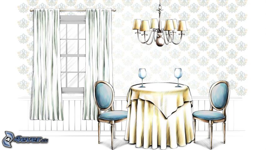 dining room, cartoon, window, curtain, Lamp, table, chairs