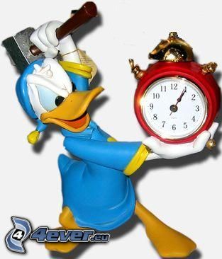 Donald Duck, alarm clock, hammer