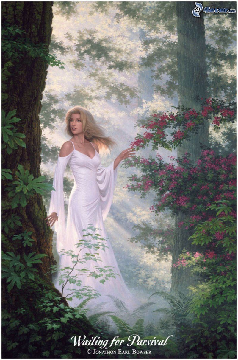 fairy in woods, white dress