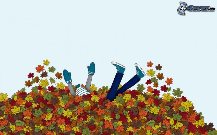 fall, fallen leaves, cartoon character