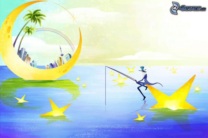 fisherman, stars, moon, housing, palm trees, rainbow, water