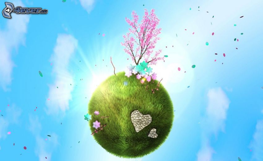 flying island, flowering tree, grass