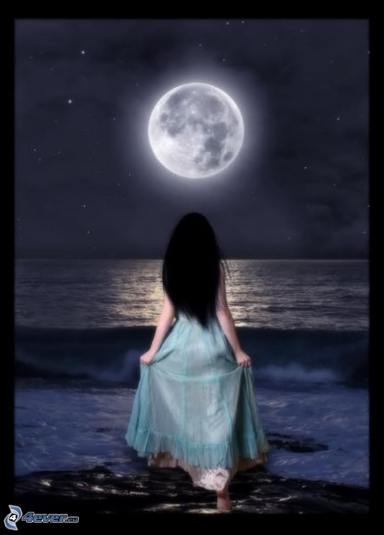 girl, moon above the water level, sea, full moon