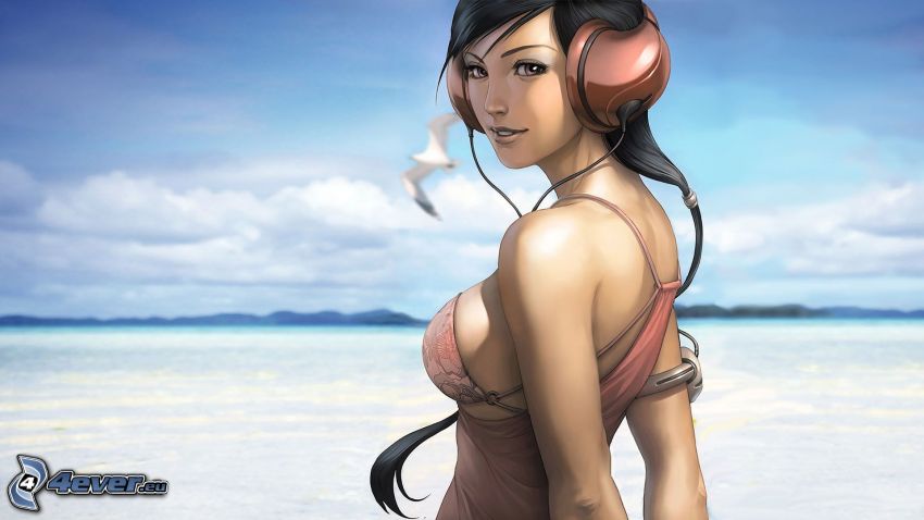 girl with headphones, sea, cartoon girl