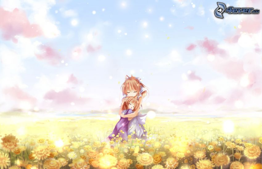girls on the meadow, yellow flowers, clouds