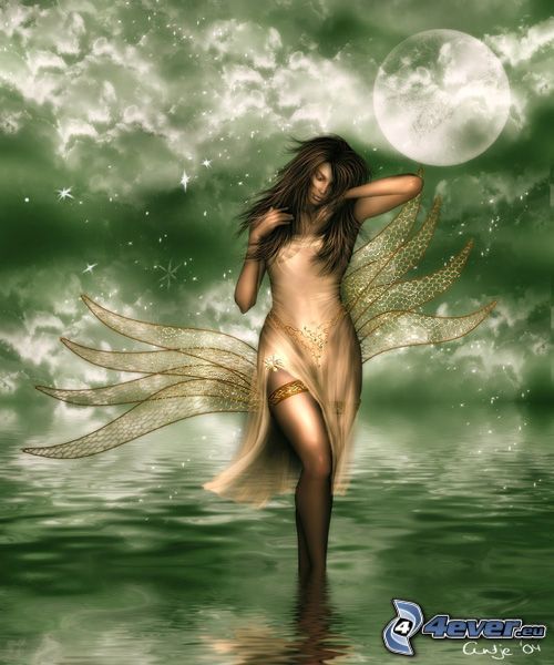 green fairy, walking on water, cartoon woman