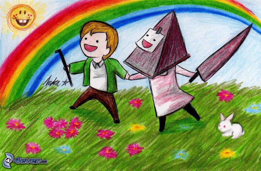 cartoon children, meadow, color rainbow