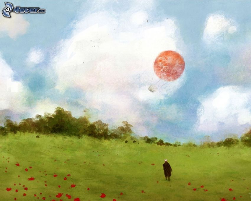 hot air balloon, meadow, man, painting