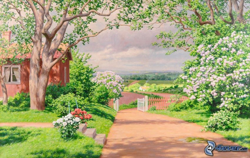 painting, sidewalk, house, flowering shrubs